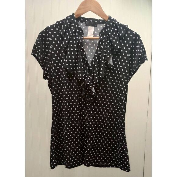 Retro, vintage button down. Ruffled black polka dot blouse size large - Picture 2 of 7